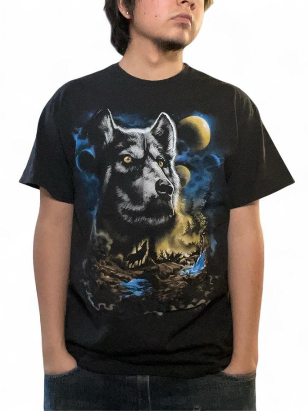 DOM Wolf Graphic‎ T-Shirt Nature Wildlife Moon Scene Black Large